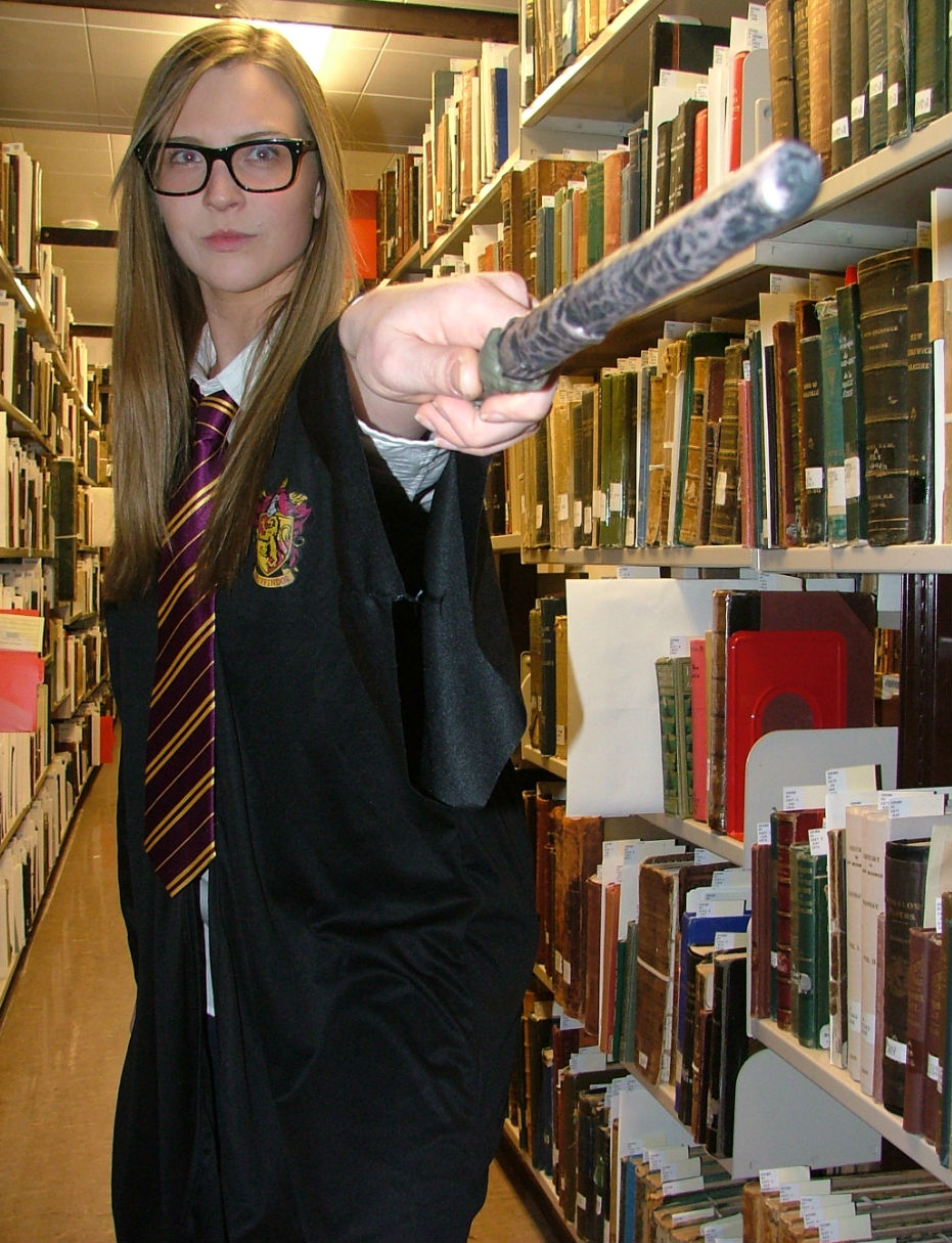 Alix in costume, library